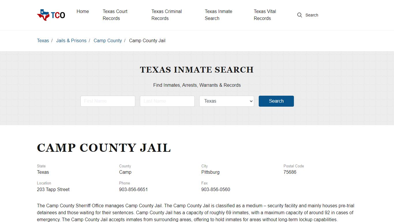 Camp County Jail in Pittsburg, TX - Contact Information and Public Records